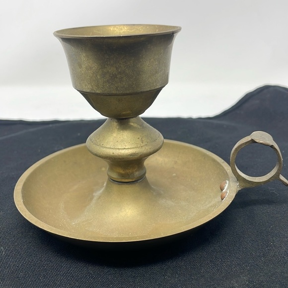 VINTAGE BRASS METAL Candlestick Holder Finger Handle Drip Catcher - Picture 1 of 6